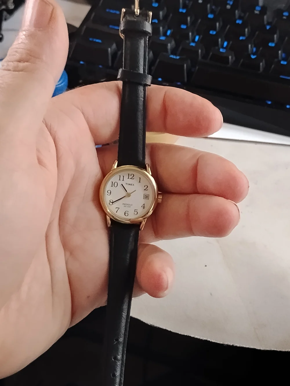 Timex Women's Indiglo Gold Case Black Leather Strap Watch - White Dial